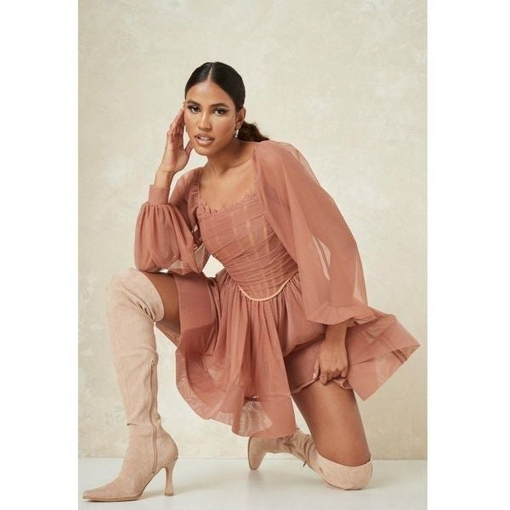 Misguided Draped Tulle Balloon Sleeve Skater Dress-Size 4-NWT-Taupe - Picture 2 of 9